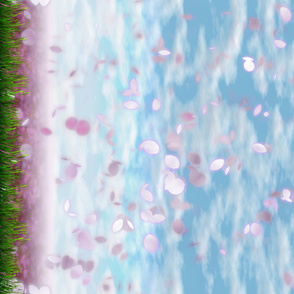 Sakurama - Sky, Cherry petals, flower field and grass - border