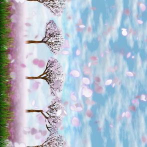 Sakurama - Sky, Cherry Petals, Trees, flower field and grass - border