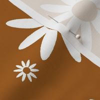 Daisy print -Floral Fabric -Spring Flowers - Burnt Orange and White Daisies