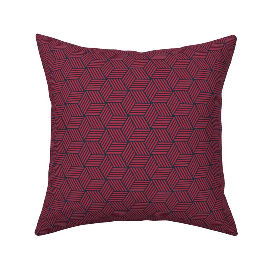 Geometric Lined Cubes Red on Blue