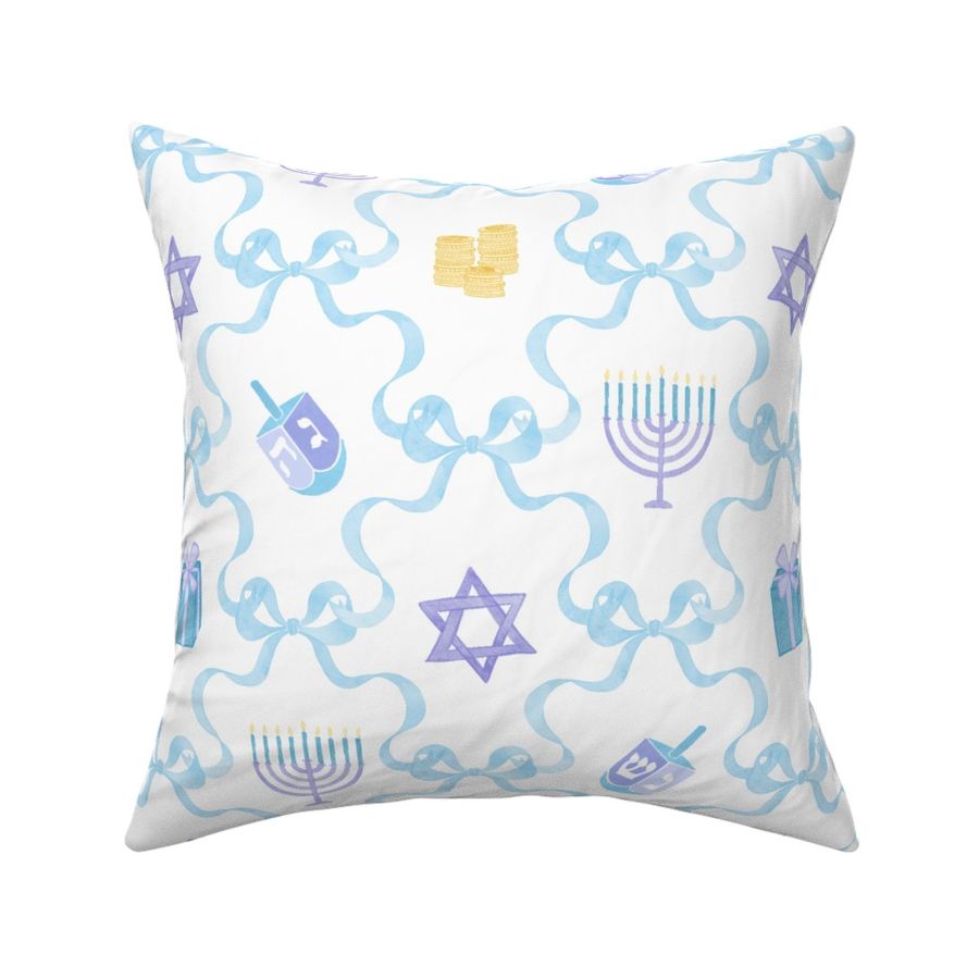 Hanukkah Coquette Blue Bow Pattern with Menorahs Dreidels and Jewish Stars