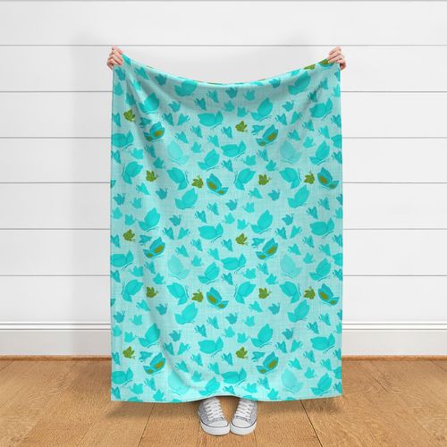 Beautiful Turquoise Butterflies in different shades on faux linen