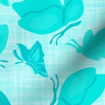 Beautiful Turquoise Butterflies in different shades on faux linen