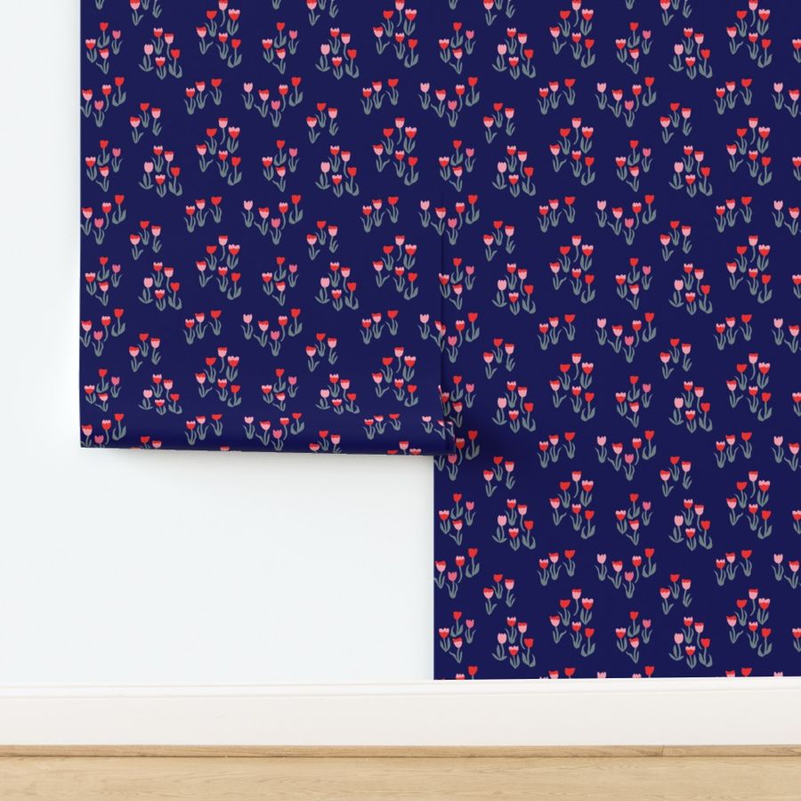 Small pink red navy blue bold modern maximalist floral with tulips