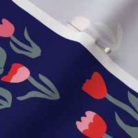 Small pink red navy blue bold modern maximalist floral with tulips