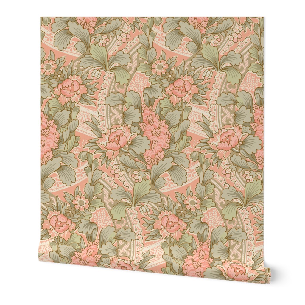 1880s Romanesque Floral With Lace In Peachy Pink And Sage Green