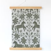 (L) New farmhouse - Swedish folk horse on linen texture - sage light grey