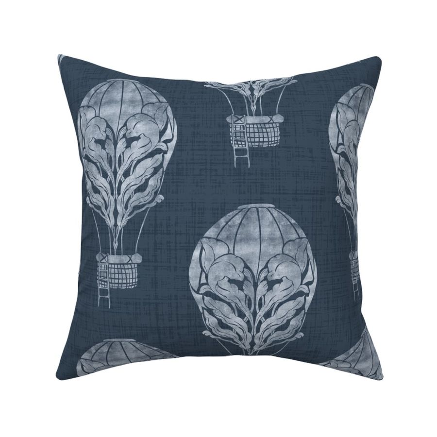 Nursery Damask - Hot Air Balloons on Linen Texture - Navy Blue