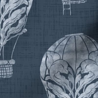 Nursery Damask - Hot Air Balloons on Linen Texture - Navy Blue