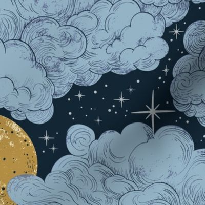 Celestial Night Sky with Blue Clouds and Golden Moon - Medium Scale