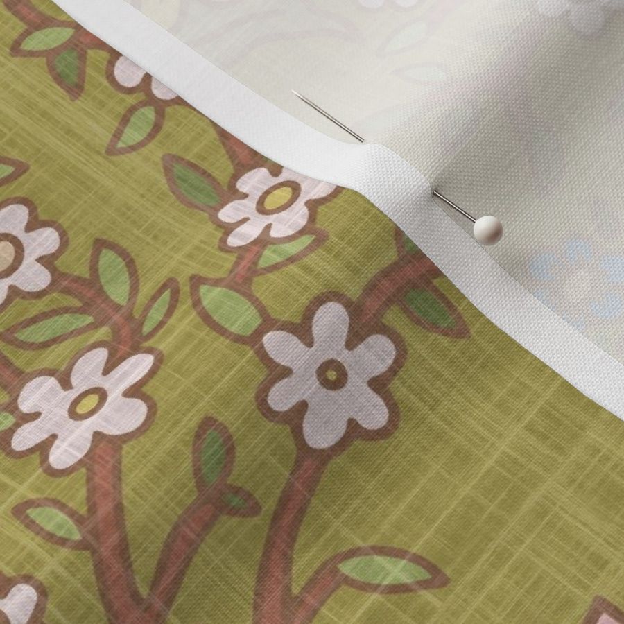 blackthorn and sunflowers-William Morris inspired damask-linen look-olive