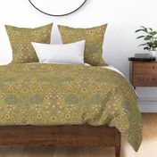 blackthorn and sunflowers-William Morris inspired damask-linen look-olive