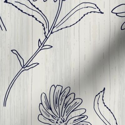 Woodland Daisy Sketches Navy Blue on Grey Cream painted wood grain texture