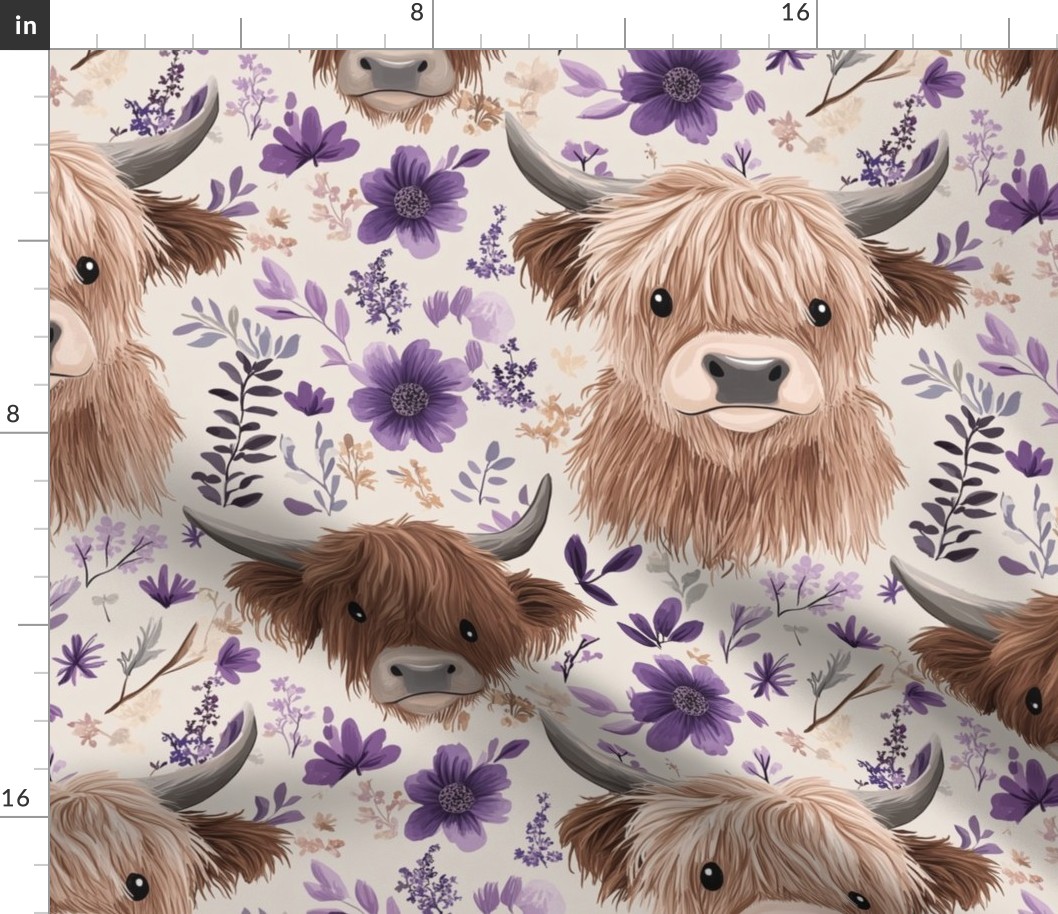 Shaggy Highland Cow on Purple Floral