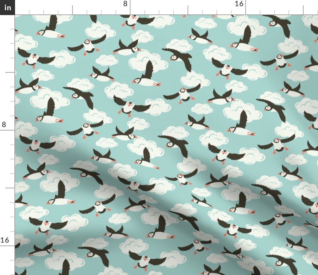 (S) Cute puffins and clouds on teal