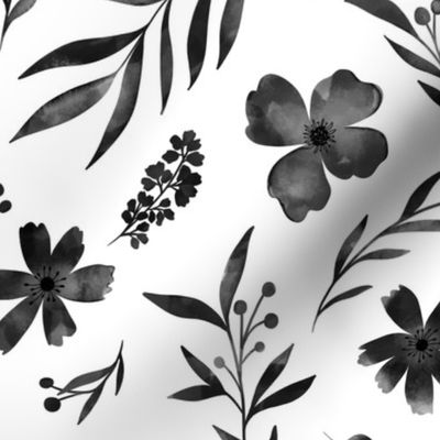 Black floral watercolors with leaves