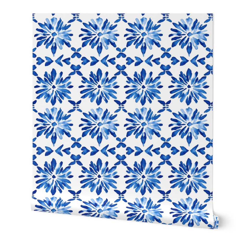 Blue Shibori Floral Pattern with Symmetrical Layout