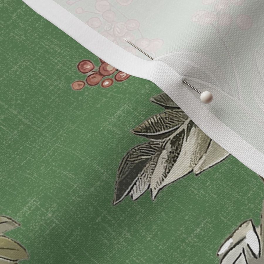 Feathered Finery Chinoiserie  on Dark Sage Linen Wallpaper