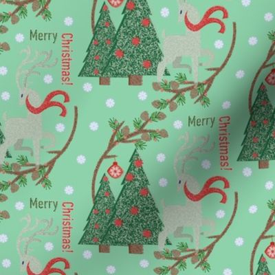 Christmas trees / reindeer / holly / graphic / mint green