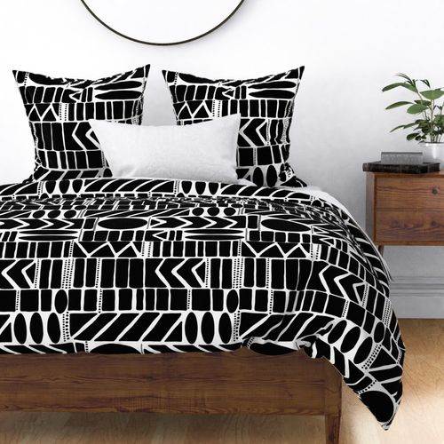 Large scale striking geometric boho aztec ethnic black accents on white