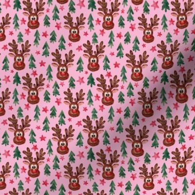 Pink and Green Christmas Watercolor Reindeer Forest Trees and Stars