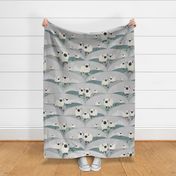 Cute Sheep in Fields with Clouds for a Gender Neutral Nursery Wall - Gray