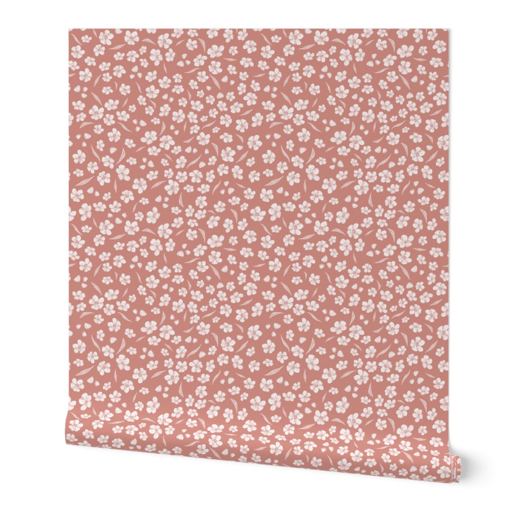 Tiny quilting floral - small white flowers on muted pink