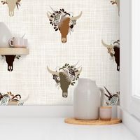 Western Americana style bull skulls with desert flowers / earth tones / XL