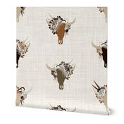 Western Americana style bull skulls with desert flowers / earth tones / XL