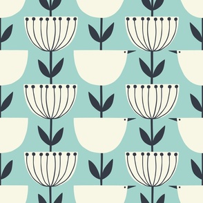 Scandi Bird Flowers - in light blue