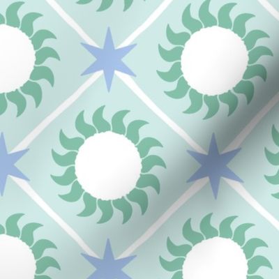 Sun And Stars Geometric - Mint Green Blue