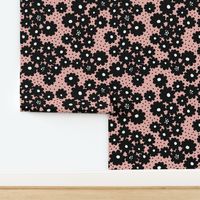 Whimsical graphic black daisies floral with polka dots (L) - pink