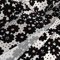 Whimsical graphic black daisies floral with polka dots (L) - white and pink