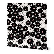 Whimsical graphic black daisies floral with polka dots (L) - white and pink