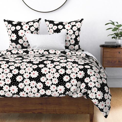 Whimsical graphic white daisies floral with polka dots (L) - black & coral