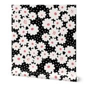 Whimsical graphic white daisies floral with polka dots (L) - black & coral