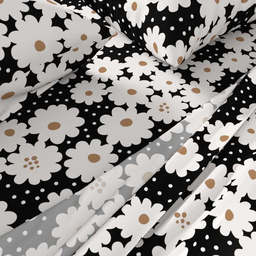 Whimsical graphic white daisies floral with polka dots (L) - black & ochre