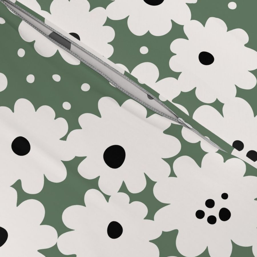 Whimsical graphic white daisies floral with polka dots (L) - green