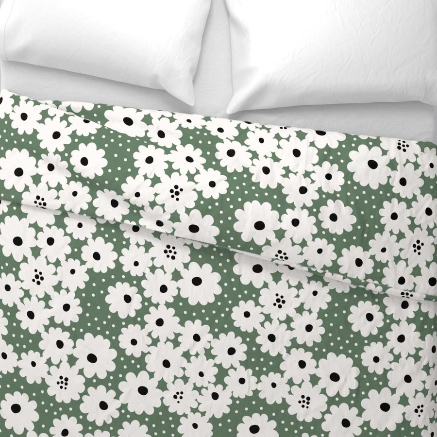 Whimsical graphic white daisies floral with polka dots (L) - green