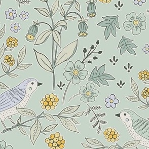 Sweet Meadow Birds And Blooms on Mint Green