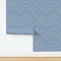 L Run Rabbit Dreaming Ogee Light Soft Blue with linen texture