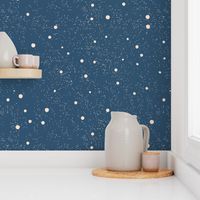 Celestial Night Sky with Pink Stars and Moons on Dusty Blue Background