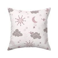 Welcome Baby design with suns moons rainbows birds in muted dusty mauve -M