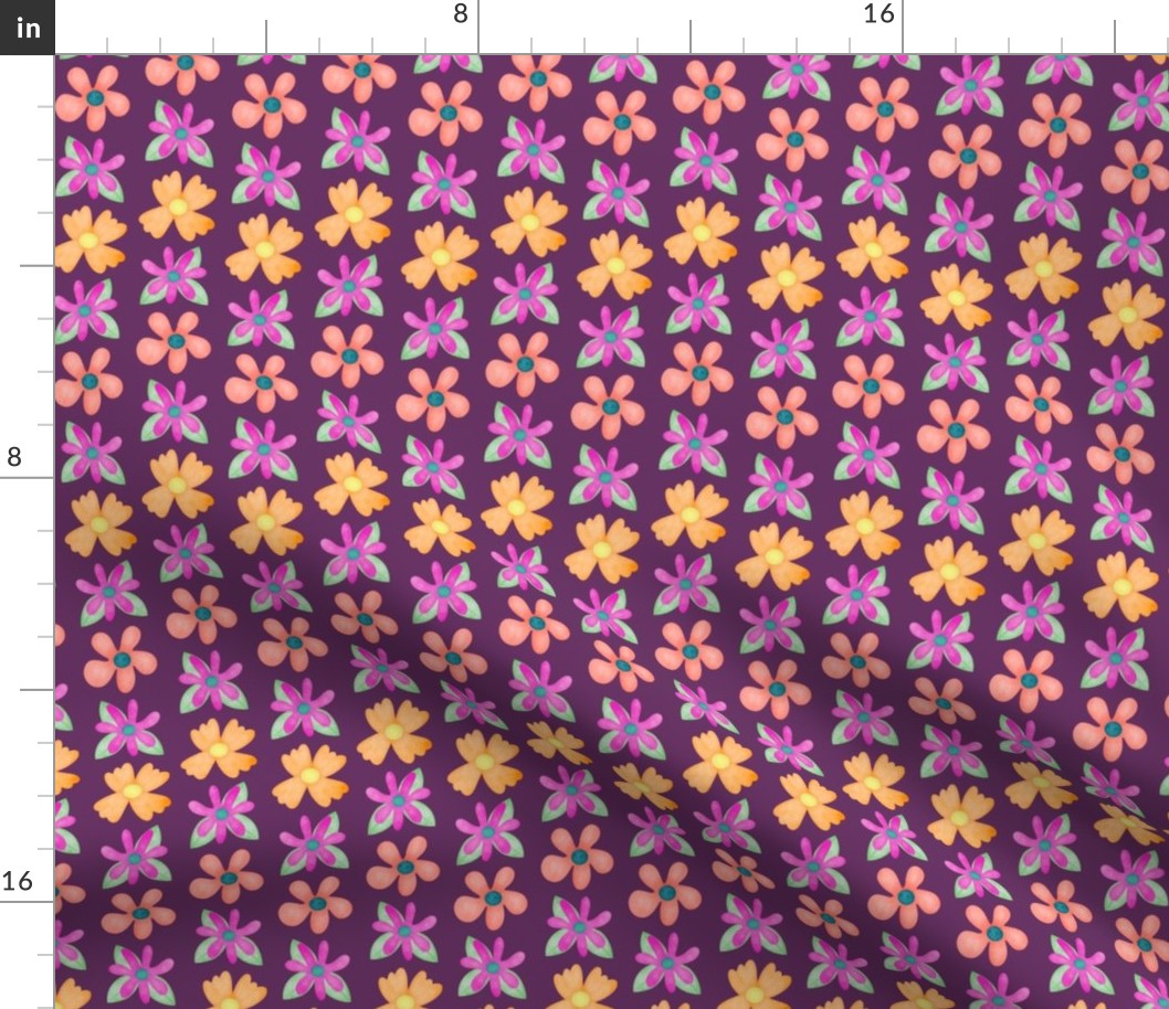 Retro Flowers on Purple Small Scale