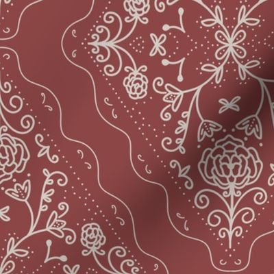 Vintage Folk Floral Pattern on Rich Red