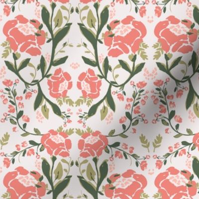 Small Painterly Peony Symmetrical Floral - Warm Pink Green Off-White - 6"