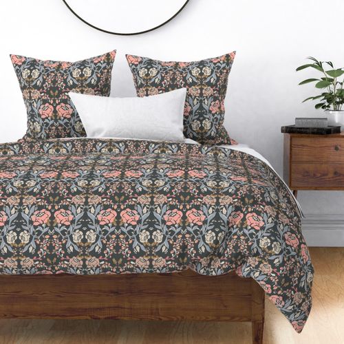 Large Painterly Peony Symmetrical Floral - Dark Feminine -Charcoal Grey- 12