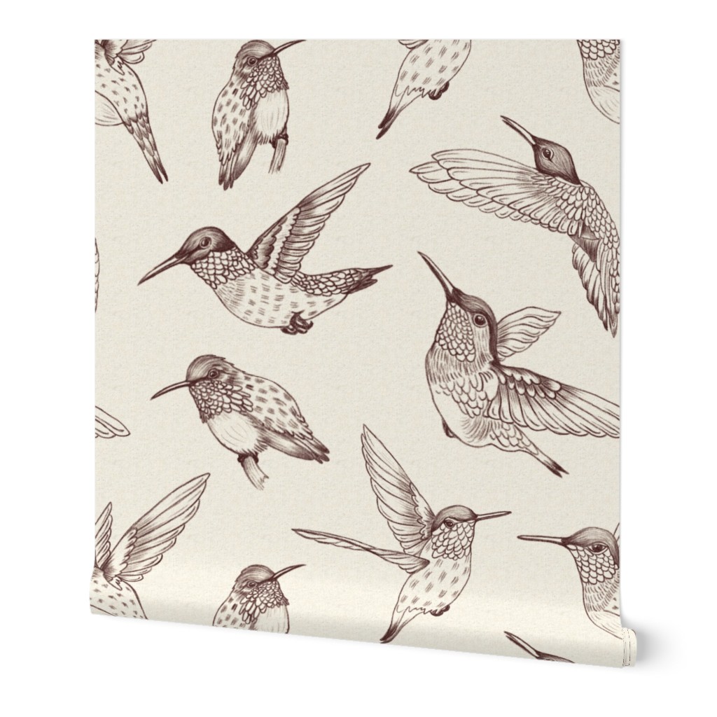 Soaring Serenity - Flying Whimsical Birds - Chocolate Plum on Natural BG