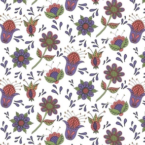 Whimsical Folk Art Flowers purple pink green