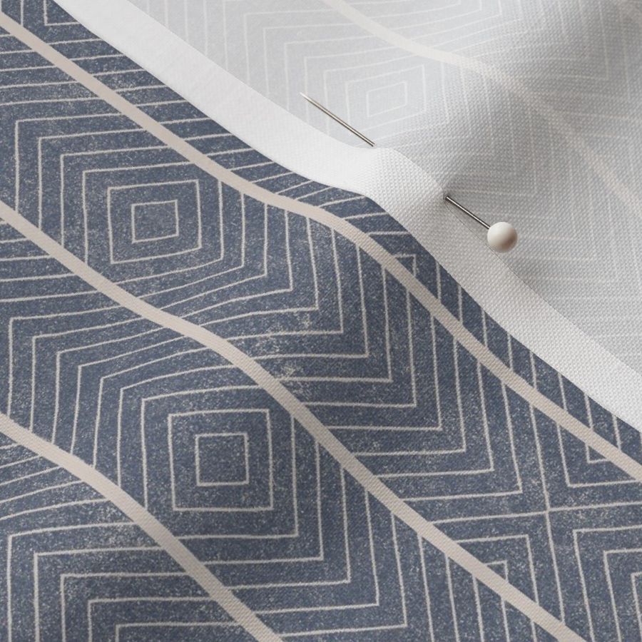 Small Chevron Block Printed Stripe in dark blue on pale grey